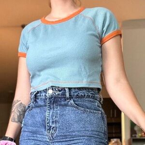 Wild Fable Blue Crop Top with Orange Accents